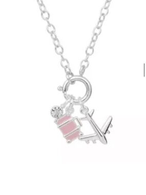 Silver Travel Charm Necklace with Pink Luggage and Airplane